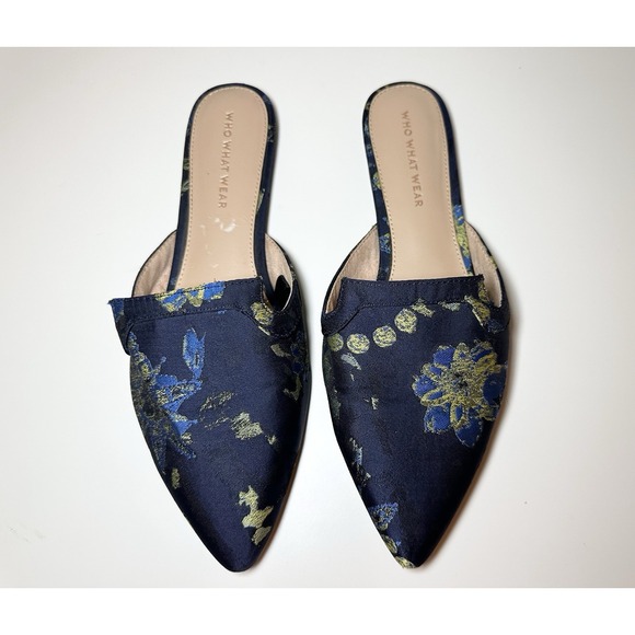 Who What Wear Shoes - Who What Wear Blue Honor Floral Brocade Flat Slip On Shoes Pointed Toe Mules‎ 8